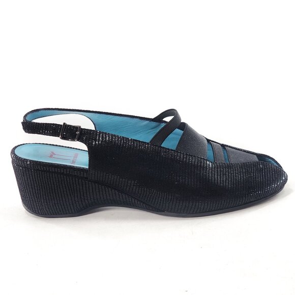 THIERRY RABOTIN Cherri Black Suede Peep Toe Slingback Wedge Sandals - Picture 4 of 7